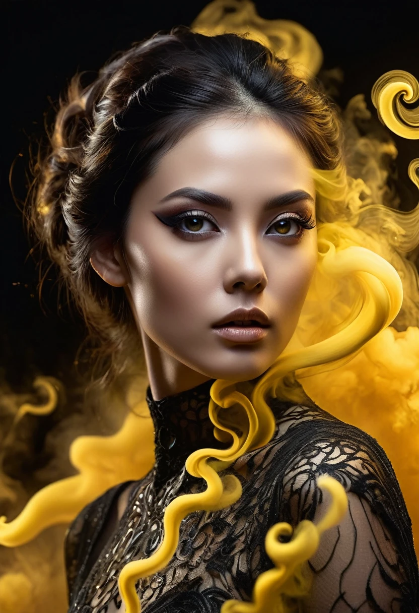 A majestic work of art, a woman, intricately detailed, with an intense, piercing gaze emanating from her singular, striking eye, set against a backdrop of ethereal, swirling yellow smoke that appears to shift and undulate as if alive, illuminated by a cinematic lighting scheme that casts dramatic, high-contrast shadows and highlights, evoking a sense of mystery and the otherworldly, with each element expertly rendered in exquisite, high-definition detail, exuding a sense of artistic mastery and visual sophistication.
