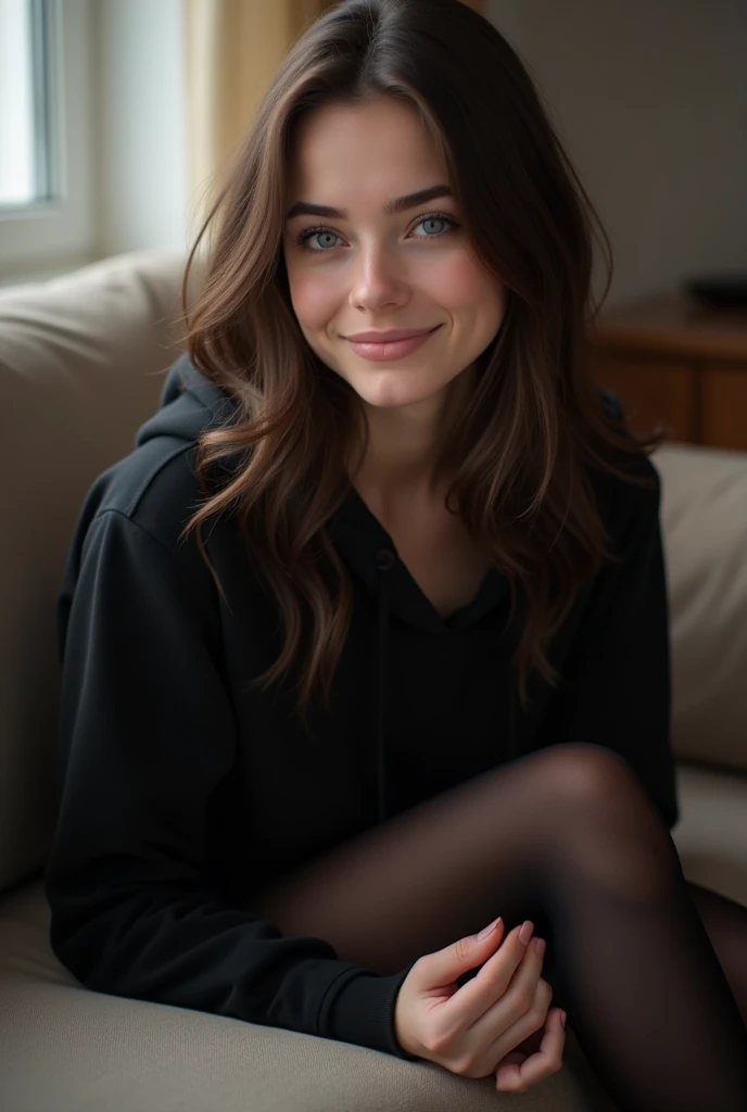 dark brown hair、straight hair、full body 、teaing smile、 she wears a black hoodie.、black pantyhose、adult german woman、blue eyes、showing her legs 、lying down on a couch、young german woman、wide angle、 she has ocean blue eyes.、