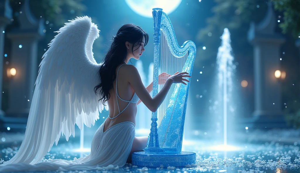 Setting: In a celestial garden, a sensual angel stands by a crystal fountain.
Description: The angel has long, flowing black hair and wears a high-slit, elegant silver outfit, revealing much of her body. Her large, pure white wings are spread wide as she gracefully plays a blue crystal harp. Soft petals float around her, and shimmering particles of light add a magical touch. The background features a mystical crystal fountain, with a glowing moonlit sky full of twinkling stars. Aim for realistic depiction, make sure photos are at highest resolution (8K)