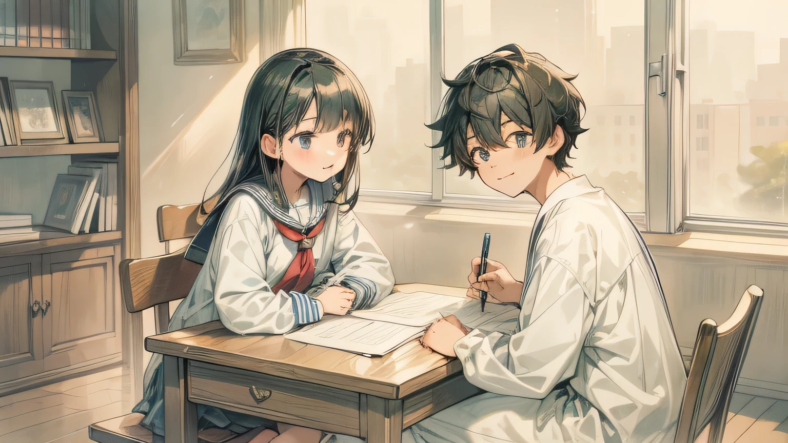 Create an anime-style image set in a bright and cozy library. The scene shows two high school students, a boy and a girl, sitting side by side at a wooden desk. Both are wearing traditional Japanese high school uniforms—the boy in a white shirt with a tie and the girl in a sailor-style outfit. They are sitting side by side, with open books spread out on the desk in front of them, studying together. Both students are holding pens, writing something in their notebooks while looking at the books on the desk. They are smiling and appear to be enjoying each other's company. The scene is viewed from the front, capturing their faces and the warm, soft light illuminating the space, creating a cheerful and pleasant atmosphere. The background features bookshelves filled with books, emphasizing the library setting.