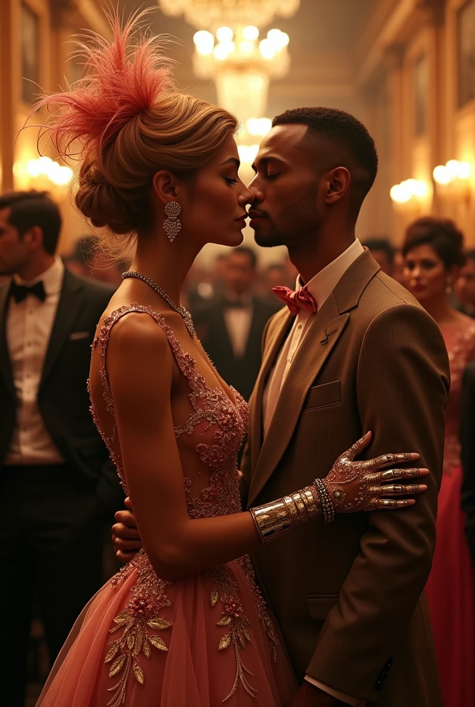 At the charity event, recreated in the style of photorealism, the hall is filled with a high society glamorous atmosphere. Elegant ladies in sumptuous outfits with plumes and diamonds glitter against the backdrop of an exquisite interior filled with flowers and candles. In their company whispered refined conversations and sounds of music create an atmosphere of magic.
Supported by solid gentlemen, in expensive suits and with exquisite accessories, delicately communicate with ladies, surrounding them with care and attention. Their confident movements and noble manners captivate the eye, creating the impression of powerful and influential personalities.
Anthropomorphic cyborgs stand out among the guests, blending into the crowd indistinguishable from real people. Their metallic details and cybernetic patterns attract attention and draw interesting glances. Their presence adds mystery and wonder to the already rich festive atmosphere of the charity event, best quality, high quality, absurdres, masterpiece, beautiful, intricate details, 1/2 body crop, slim body, beautiful figure, magnificent anatomy, (intricate details:1.12), HDR, (intricate details, hyper-detailing:1.15), (natural skin textures, hyper realisitc, soft light, Sharp:1.2)