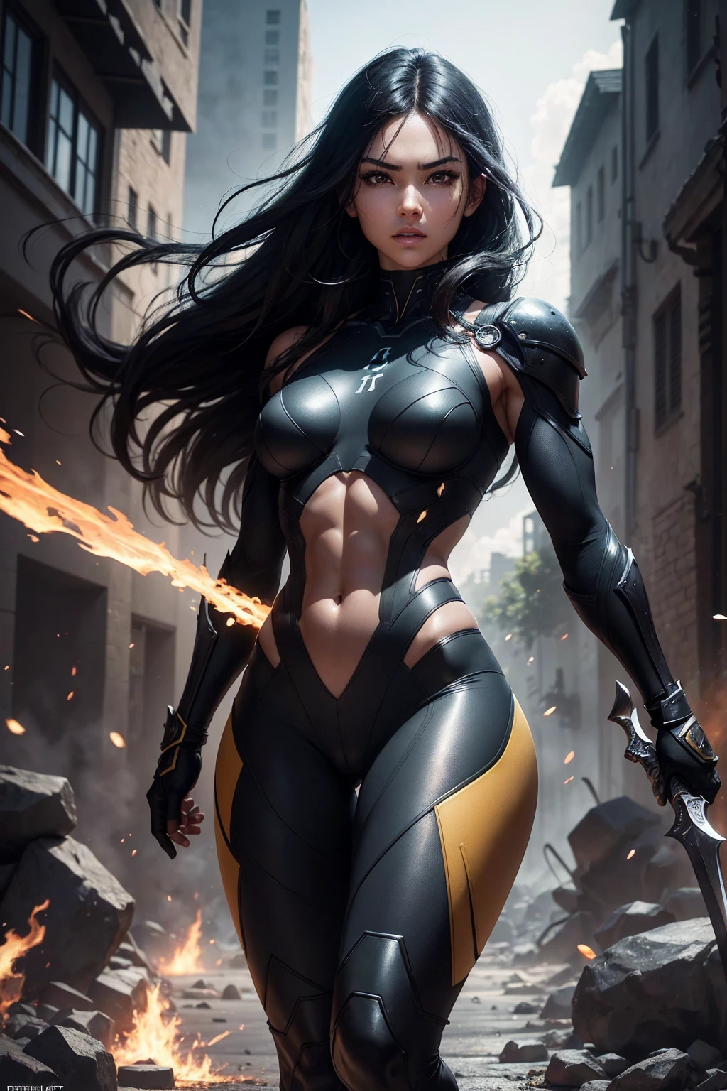 8k,A dark-haired Jamaican demon hunter,super beauty(like the real thing),Demon Slayer Jamaicana Sexy,toned, muscled body,carry a long, large sword,Perfect Anatomia,Charme,Volume measurement,body balance,single lens reflex digital camera, soft lighting, detailed back ground, Written limit depth, volumetric lighting, sharp focus, absurdrez, realisitic proportions, excellent anatomy, (realisitic, 超realisitic:1.4), 16k hdr, dawn,A high resolution,super realisitic 肌,super beautiful expression,Fantasyart,character art,wind effects:1.9、cloud effect:1.2、Full rendering、High resolution with professional quality、perfect contrast、perfect lighting、perfect composition、perfect  skin、perfect toes、perfect shaped breasts、perfect hair、face perfect、realisitic facial features,super high quality,slender figure,perfect body line,Perfect hand shape,Anatomical balance of the body,high-detailed face,highly-detailed eyes,beautiful lips,Excellent light particles,Cinema lighting,make up,ultra-high resolution,Ultra-realisitic Skin,super muscular body,Hard and strong abs,Yellow and black battle suit,and black combat pants,Combat Ready,chaotic battlefield,Intense Combat,Dynamic Action Poses,sharp looking eyes,