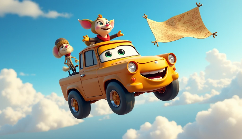 Max the car with Milo inside, flying through the sky with a map fluttering in the breeze.