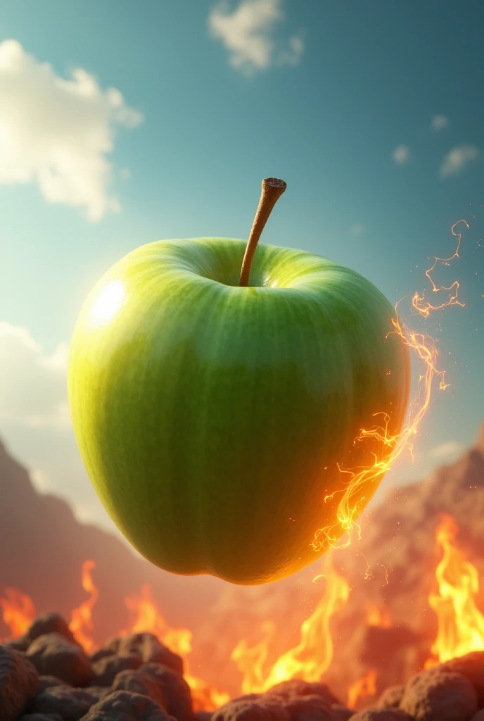 Green apple with fire and also with sky background 