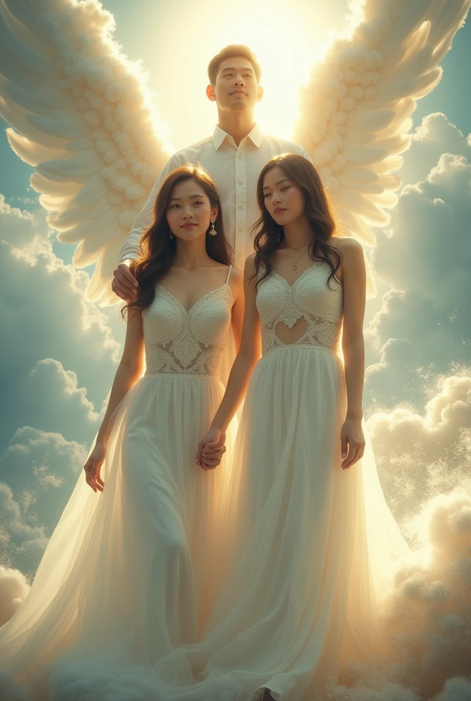 2 filipina woman with her angel dad in the back of her