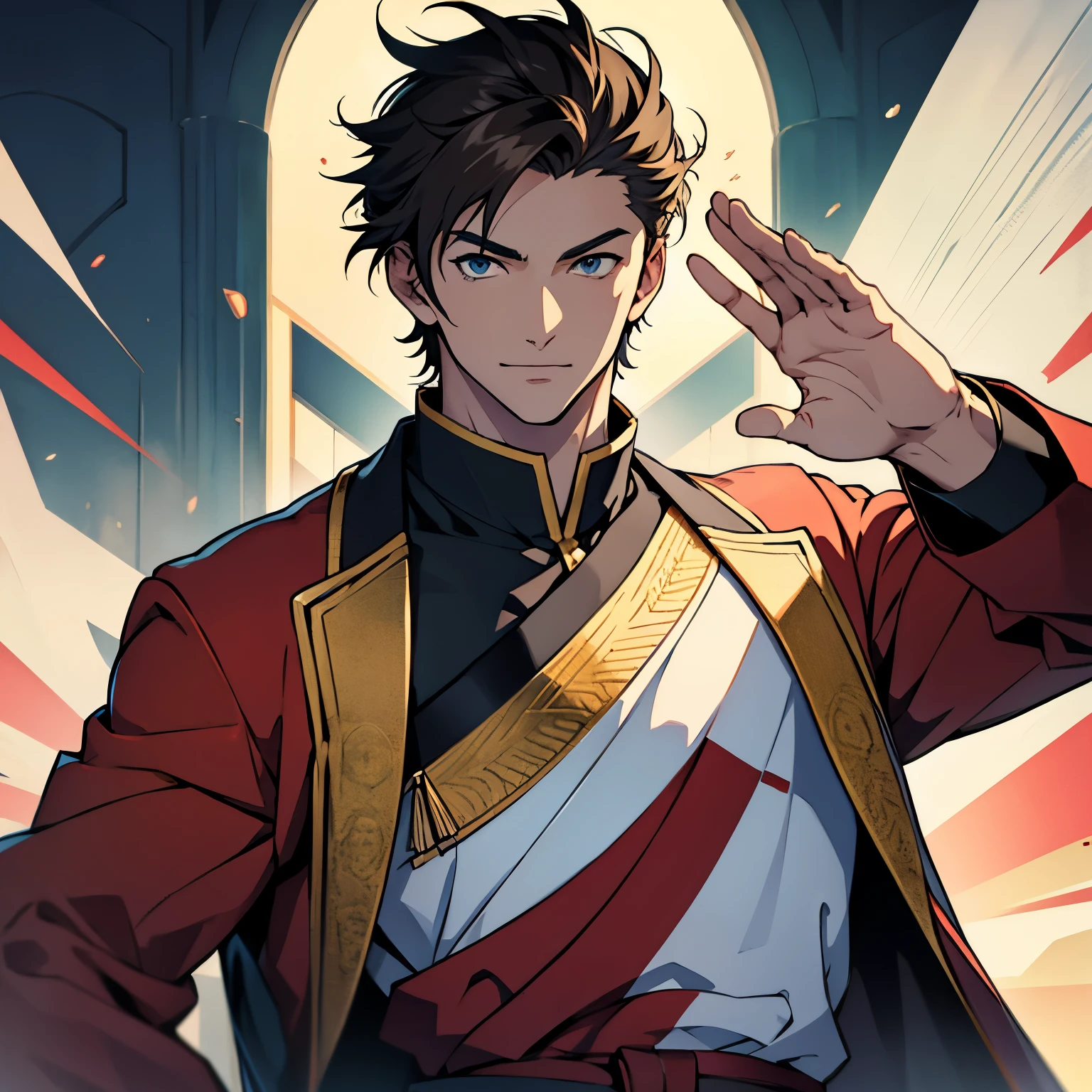 handsome anime boy saying hello with waving his hands
