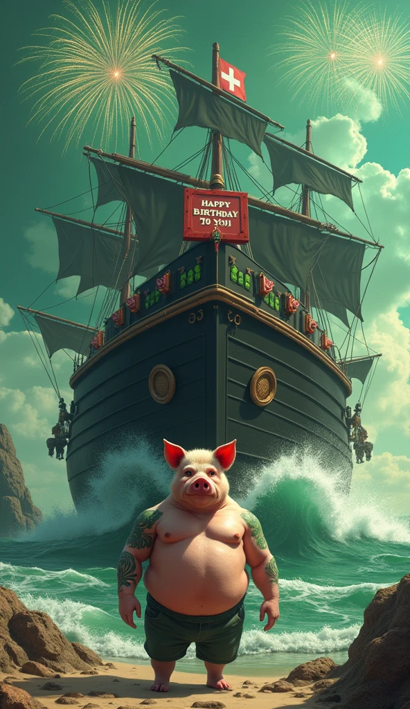 black ship black ship thick red maltese cross highlighted, big waves around, green birthday decoration, thick red maltese cross written Happy Birthday to You, A muscular pig, puffed out and shirtless, green tattoos, black ship black ship thick red maltese cross highlighted, big waves around, green birthday decoration, thick red maltese cross written Happy Birthday to You, A muscular pig, puffed out and shirtless, green tattoos, sky with green and white fireworks