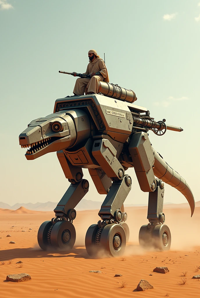 Mechanical cuboid robotic velociraptor with machine guns, lasers, wheels, icbm on back, ridden by an arabian warrior, on a desert