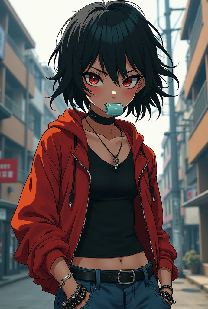 savage anime girl wearing baggy clothes and shoes and she is wearing accessories and chewing gum