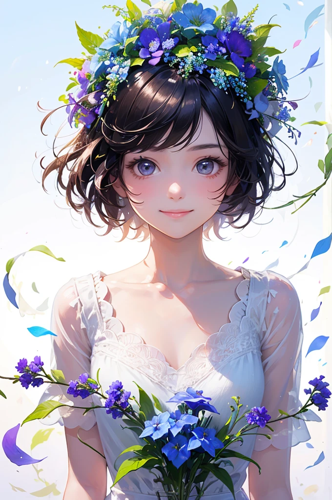 (masterpiece、highest quality、highest quality、Beautiful and beautiful:1.2)、(Good anatomy:1.5)、Drawing of a girl with straight short hair、White blouse、Shy smile、looking at the camera、put flowers and leaves on your head、Delphinium