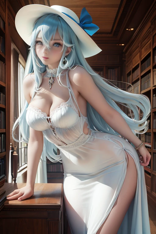 1girl, mature female, shiny skin, (masterpeice), (wallpaper), (high quality), (absurdres), geneva, 1girl, blue eyes, blush, bookshelf, breasts, cleavage, hair between eyes, hat, indoors, library, very long hair, looking at viewer,light smile, silver hair, solo,two-tone hair,long dress,white dress,pelvic curtain,voile,cowboy shot, leaning forward,
