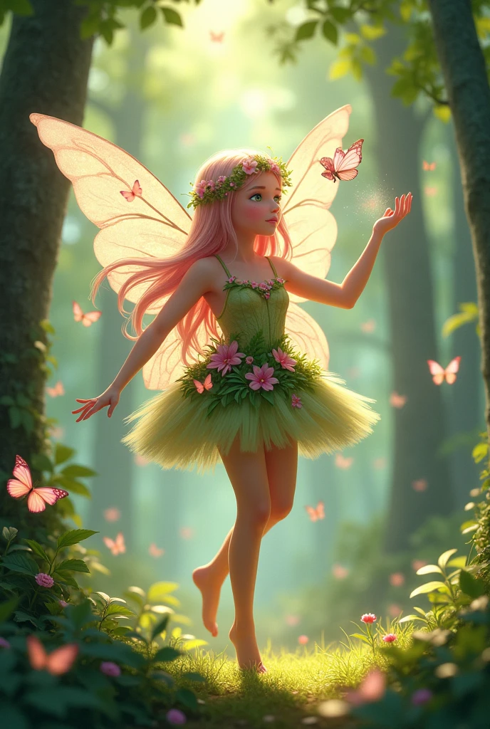 faerie, playing with butterflies in the forest. Clear and large wings, long light pink hair, big, deep green eyes, pale lips, rosy cheeks, bare feet, flower and leaf clothes