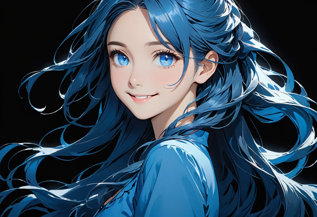 Girl in blue dress, with beautiful eyes and face, single girl, alone, blue hair, looking at viewer, black background, , long hair, , simple background, upper body, long sleeve, smile, blue eyes,