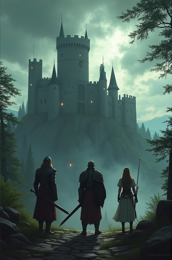## Image Description for AI:
scene: Castle, small, but majestic, At the top of the hill. It looks old and a little shabby., but still commands respect. Castle стоит на границе густого, dark forest, which stretches far beyond the horizon. On the one hand, a view of fields and villages opens up - a sign of civilization.
Characters:
* Three heroes:
* A man in heavy armor, with a sword on his belt, looks like a warrior.
* Woman with a witch's staff, in clothes, decorated with symbols of magic, probably, enchantress.
* A young man with a bow and arrow, dressed in light leather clothing, Most likely, archer.
* Enemies:
* Dark silhouettes are visible in the forest, Maybe, orcs or other monsters.
* Shadows flicker behind the castle walls, hinting at betrayal.
atmosphere:
* atmosphere напряженная, full of foreboding danger.
* There is determination on the heroes' faces, but also fear.
* The sky is dark, thunderstorm, with a hint of a storm coming soon.
details:
* There are ruined walls around the castle., traces of past battles.
* There is a coat of arms on the castle gates, depicting a lion, symbol of strength and courage.
* In the distance, on the horizon, smoke columns are visible, talking about the impending war.
* Distant screams can be heard, and the whisper of the wind in the trees.
Additional instructions:
* Draw a castle in medieval style, with high towers and crenellated walls.
* Enemies в лесу должны выглядеть угрожающе, with sharp teeth and claws.
* The heroes should be positioned like this, so that their weapons and clothes could be seen.
Target: Create an image, conveying a sense of danger, a premonition of war and inevitable conflict. The heroes are ready to defend their home and fight for justice.