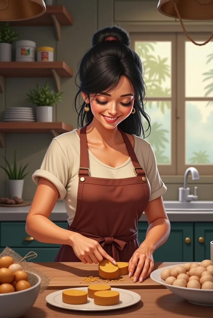 A Brazilian woman in her kitchen making the sweet bem casado. She is wearing a tame and apron, tied hair. Has dark hair and fair skin. Your kitchen is extremely tidy and on your counter there are open wedding favors, closed and already packaged. The confectioner is very happy with the order and her profits.