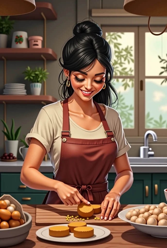 A Brazilian woman in her kitchen making the sweet bem casado. She is wearing a tame and apron, tied hair. Has dark hair and fair skin. Your kitchen is extremely tidy and on your counter there are open wedding favors, closed and already packaged. The confectioner is very happy with the order and her profits.
