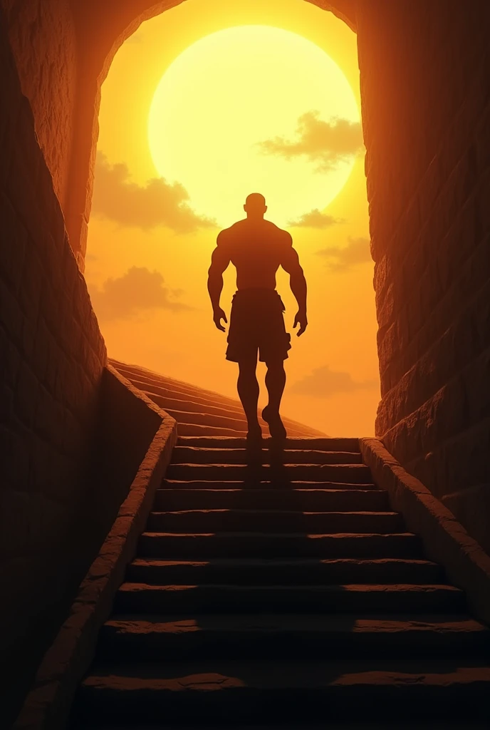 Shadow of a man climbing a staircase towards the Sun.