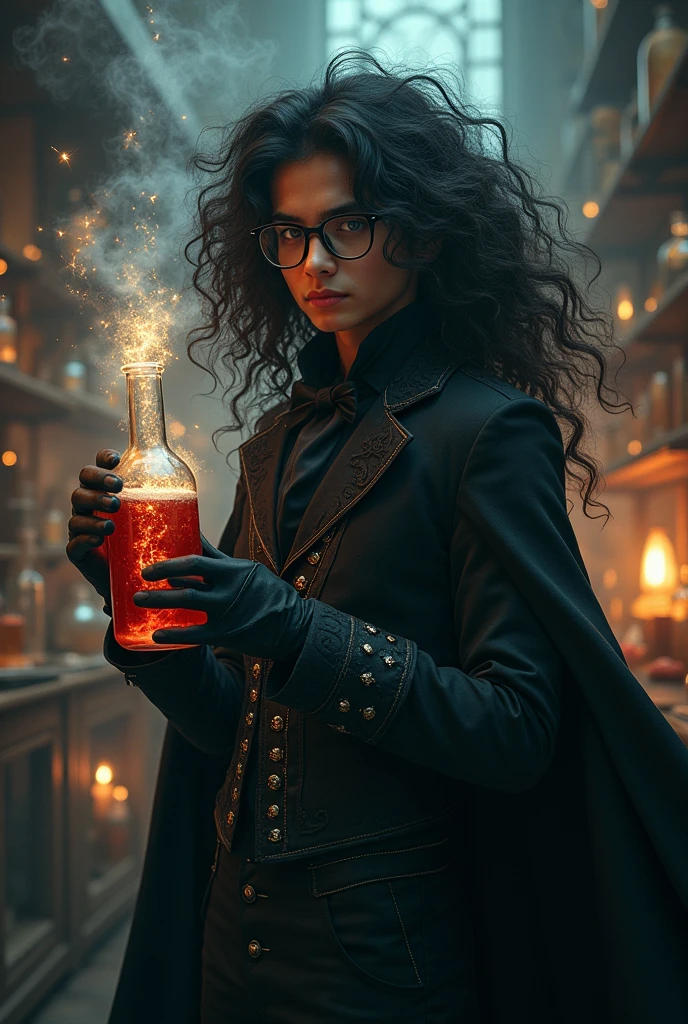 A potrait of a bisexual 1 genius alchemist poet of indian-europian ethnicity with no facial hair with glasses and lush long fuzzy puffy hair that reaches his shoulders like newton holding a chemical flask wearing a flamboyant androgynous black dress like French royalty in a laboratory with brown hazel eyes and a mysterious curious look in a dark magical gothic atmosphere having chemistry magic engulfing him