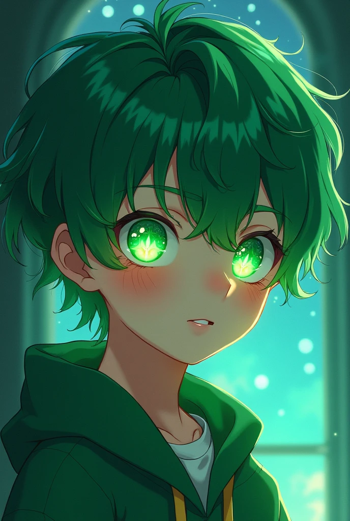 Make a boy which have green hair and green eyes and cute glowing face and it was a and 2d anime look