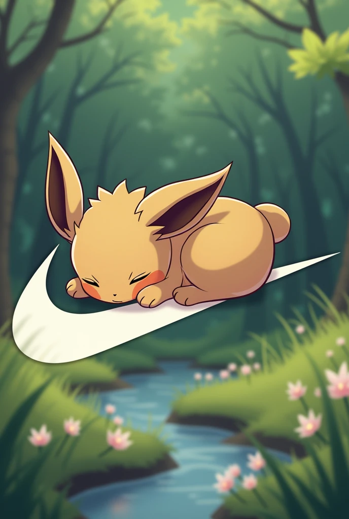 create a nike wallpaper with pokemon evee lying down sleeping on top of the nike logo
