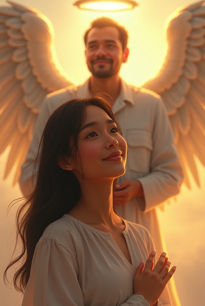 filipina woman with her angel dad in the back of her