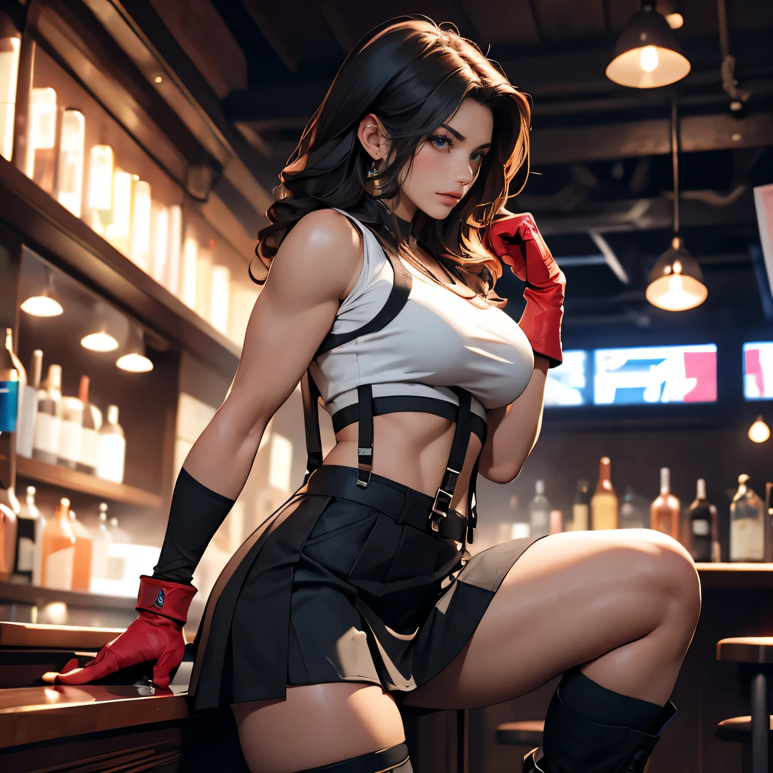 Pretty Caucasian (female), Sarah Shahi, a slim but muscular body, Final Fantasy VII, (nose blush), single elbow pad, ankle boots, black hair, black micro miniskirt, red boots, elbow gloves, elbow pads, fingerless gloves, taut shirt, sports bra, (suspender black micro miniskirt), white tank top, top body is hyper realistic thick muscle and hyper busty largest breasts!! with the type of boobs, black hair, full body, look at viewer, posing standing in bar, mouth, makeup, bokeh, best quality, masterpiece, highres, exposed bottom boobs, very very short pleated skirt, ultra short skirt, super short skirt expodsing well beautifull thighs, detailed eyes, detailed body, detailed breast, detailed two hands n fingers, view from front, UHD, angry face, ready to fight, in action, spread legs, standing
