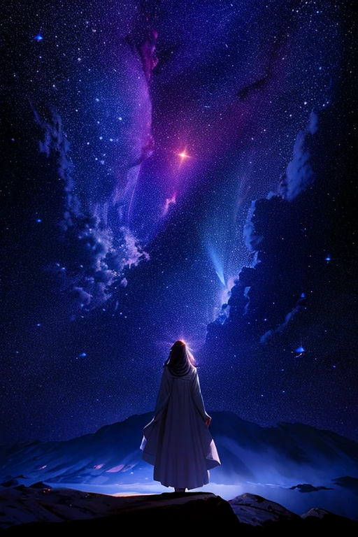 masterpiece、Background with((Fantastic starry sky、kosmos、Meteor swarm、black hole))、A woman with long hair is standing in the distance、A wearing a white dress that you can't see