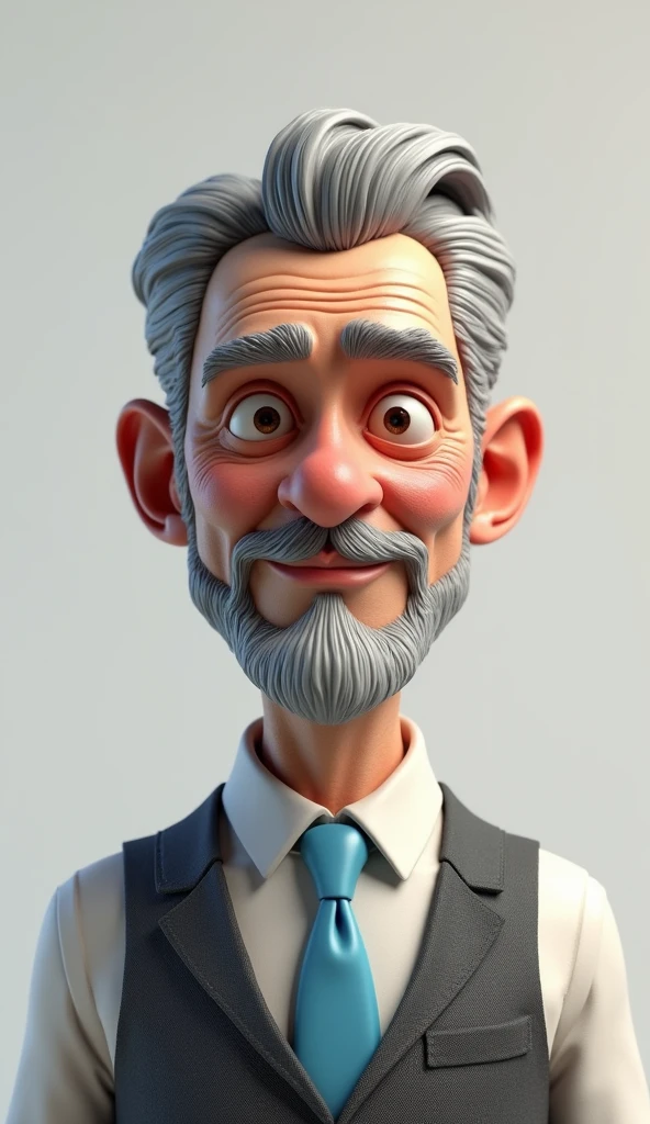 Make a 3D drawing of a character of an elderly man around his fifties or sixties, he has gray hair, with a full mustache, sideburns and a goatee of the same shade, . He wears a white dress shirt underneath a gray vest., besides wearing a sky blue tie. make the person in the form of a drawing. make a 3d drawing of the character