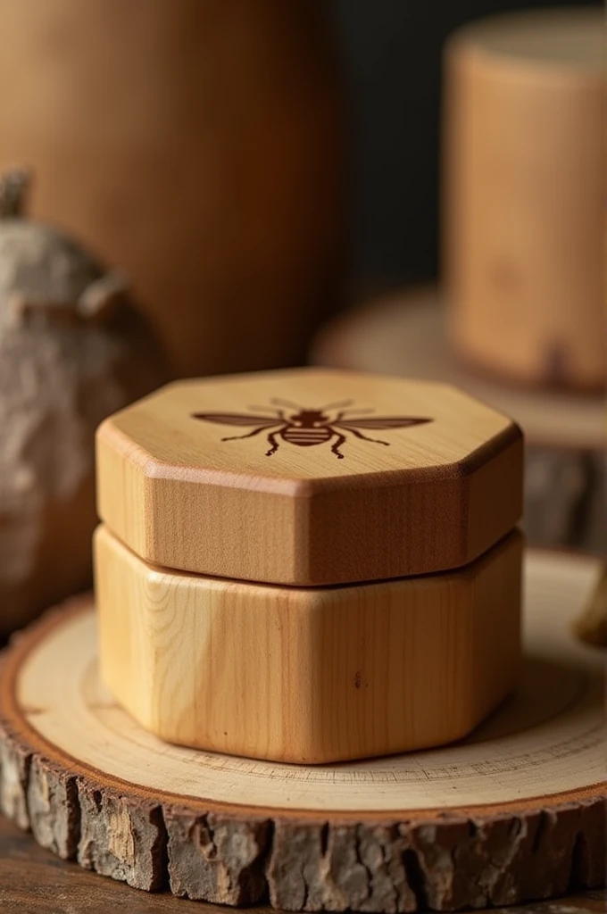 Create a wooden jar with a hexagonal lid and a bee logo.( It is a makeup made from beeswax.)