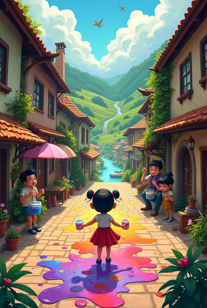 A black-haired girl throws several jars of paint in the middle of the entire village and accidentally makes a painting of a landscape in 2d animation