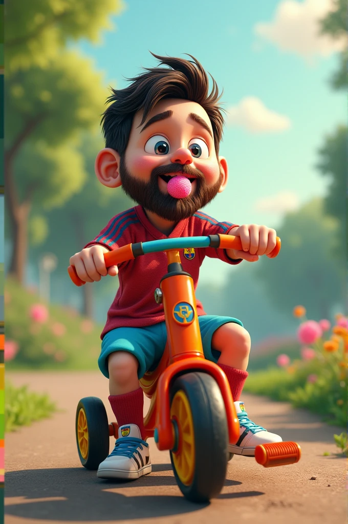 Football player Leonel Messi riding a tricycle sucking a lollipop