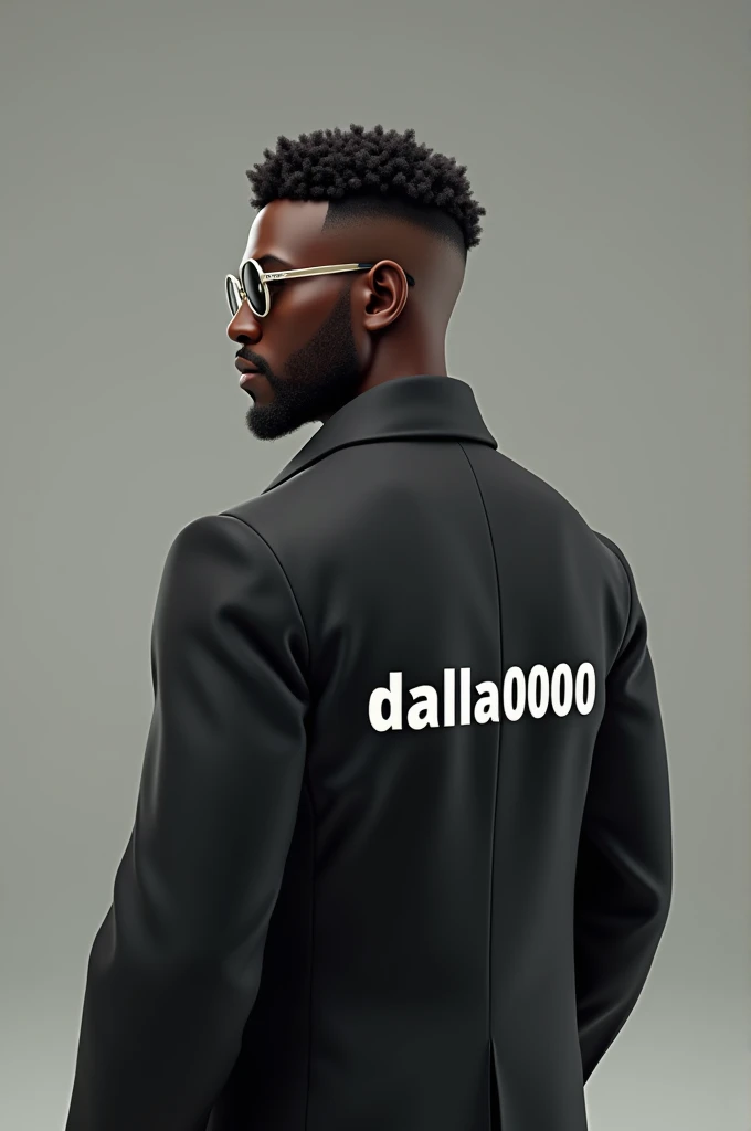 Creates a 3D image of a guy wearing a coat with DALLA0000 written on the back, with shaved and wavy hair, Black-skinned, africana, wears circle style glasses, has an adult aura