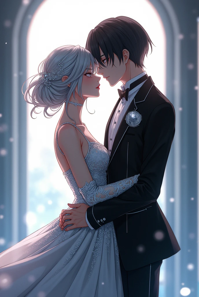 Sanakan and Cibo from Blame! Manga in a wedding dress), (sci-fi theme) suit jet black hair, dress striking silver hair, Futuristic atmosphere Emphasizes radiance pure atmosphere Intricate details of the outfit A soft but bright light shines from above. Intimate and romantic atmosphere Highly detailed, exceptionally detailed, cinematic quality, emotionally charged scenes.