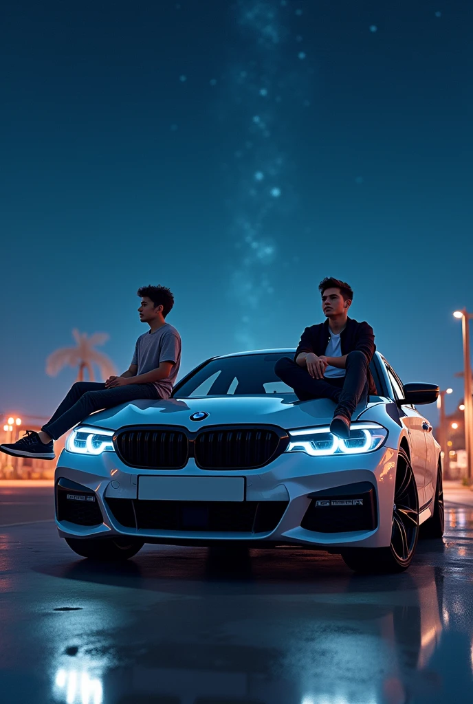 Two boys with their 2 bmw at night they are sitting on the bonnet make it new bmw 
