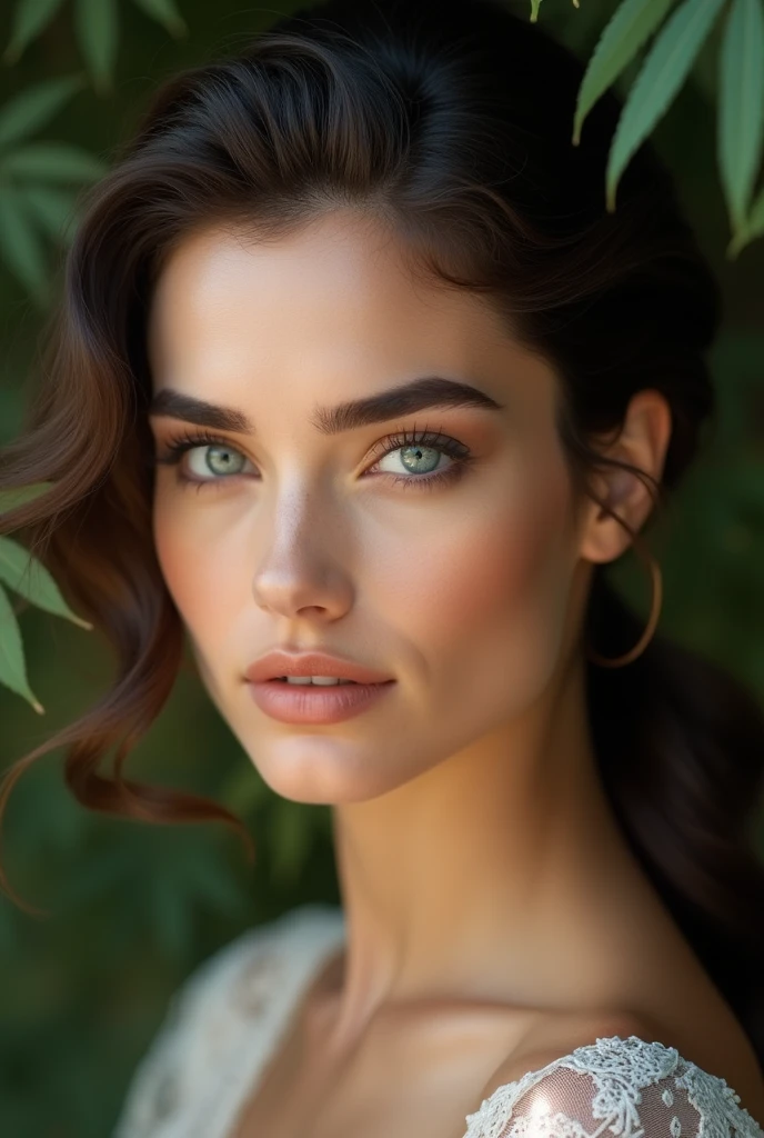 Sharp focus, 4k texture, Sophisticated, very elegant, very detailed, natural skin texture 24mm; cinematic aspect
beautiful woman; very light blue eyes, very dark brown hair; glamorous mouth, big eyebrow; ultra realistic photo