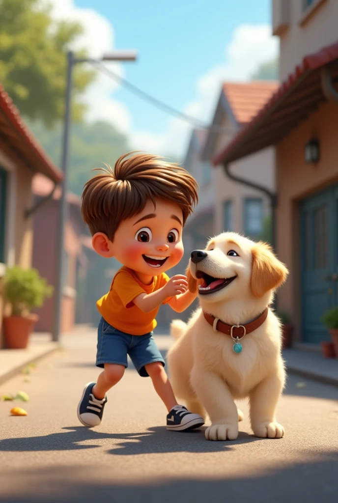 Pixar style image of a brown haired boy, White skin, playing with a white golden retriever dog, the boy has blue shorts, The boy has an orange shirt, the ground is asphalt