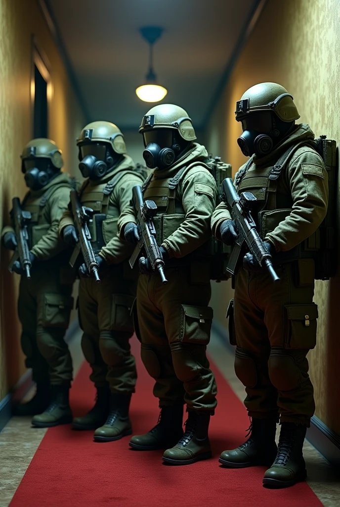 create realistic images A group of four soldiers in full combat gear, wearing gas masks and holding guns. They are standing in a hallway with a red carpet on the floor and a lamp hanging from the ceiling. The soldiers are wearing green camouflage uniforms and helmets, and appear to be ready for battle.