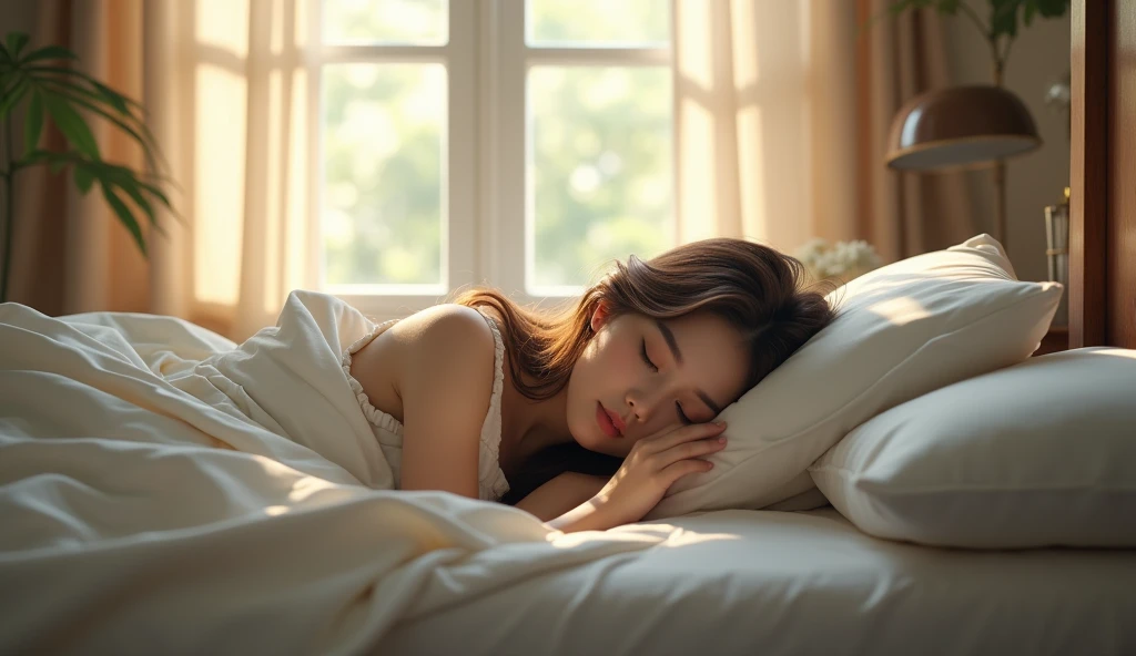 ((Best Quality)), ((masterpiece)), ((ultra detailed)), Beautiful girl sleeping peacefully in a comfortable bed, with the window half open.