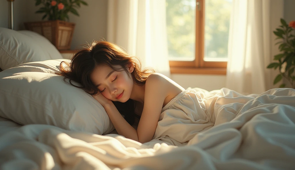 ((Best Quality)), ((masterpiece)), ((ultra detailed)), Beautiful girl sleeping peacefully in a comfortable bed, with the window half open.