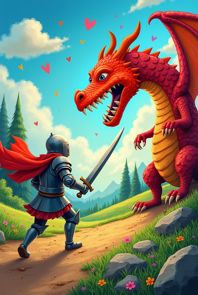 children's drawing of a knight fighting a dragon
