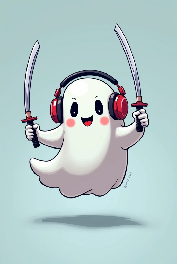 An emoji-style ghost holding two katanas and wearing headphones