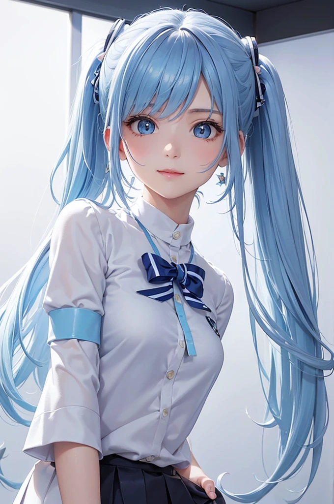 Best Quality,High resolution,8k,(plain white background, no patterns, no textures, just a plain white background:1.3),Masterpiece:1.2),beautiful girl,(focus face),Shiny light blue hair,messy hair,Beautiful light blue eyes,A cute and stylish futuristic high school girl wearing a modern uniform. The uniform features a sleek, tailored jacket in soft pastel colors with metallic trims, adding both elegance and playfulness. The pleated skirt is designed with a glossy, high-tech fabric that softly shimmers, blending cuteness with a touch of sophistication. Her shoes are a mix of fashion and function, with a minimalist design featuring holographic details and small bows. She wears a digital wristband that displays cute, animated icons, and her compact backpack combines a transparent material with chic, pastel accents. Her hairstyle is trendy, complementing her fashionable look. The background is pure white, enhancing her stylish yet cute appearance,Gentle look,A refreshing look,smile,Best quality,Best Quality,Aesthetic and aesthetic:1.2,Best details((Super detailed))(High-definition CG illustrations),Slender body,smile,blush,cute,Scrounge,Looking up,Being spoiled,super model