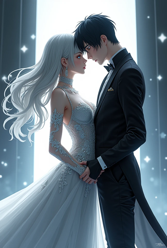 Sanakan and Cibo from Blame! Manga in a wedding dress), (sci-fi theme) suit jet black hair, dress striking silver hair, Futuristic atmosphere Emphasizes radiance pure atmosphere Intricate details of the outfit A soft but bright light shines from above. Intimate and romantic atmosphere Highly detailed, exceptionally detailed, cinematic quality, emotionally charged scenes.