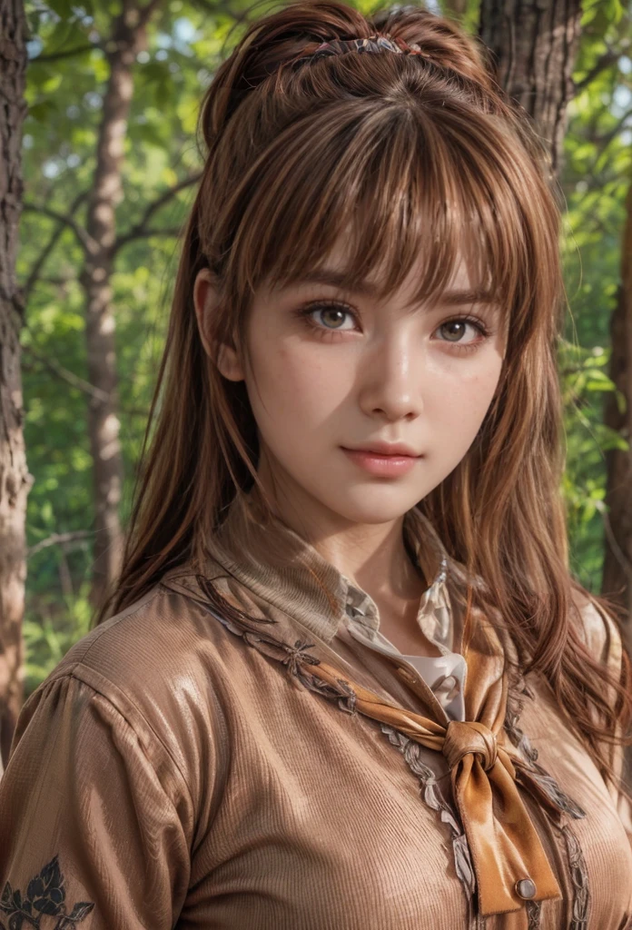 kasumi, eyes browns, (best qualityer, ultra detail), (realisitic:1.37), beautiful and detailed face, ultra-realisitic texture, Exquisite face, Delicate body, red lipgloss stick, shiny colors. High definition, 8k, expression a slight cute smile