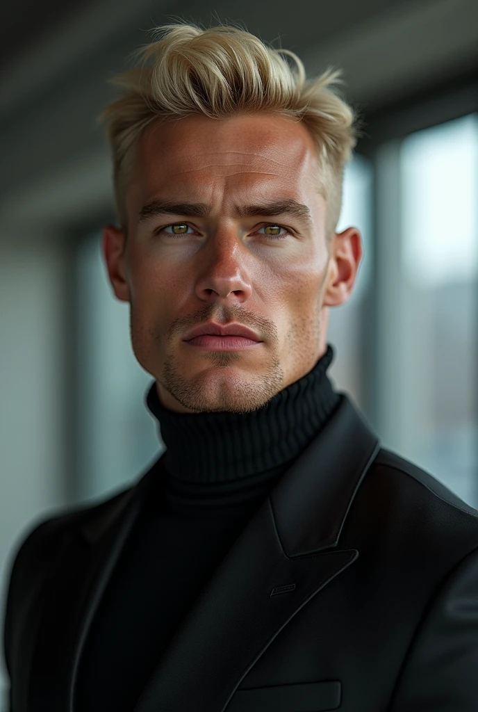fot, masculine perfection, strong chin, fleshy lips, roman nose, short blonde hair, hazel eyes, hyperrealisti, 8k-v4 . Modern fashion haute couture futuristic fashion. Modern black clothing
