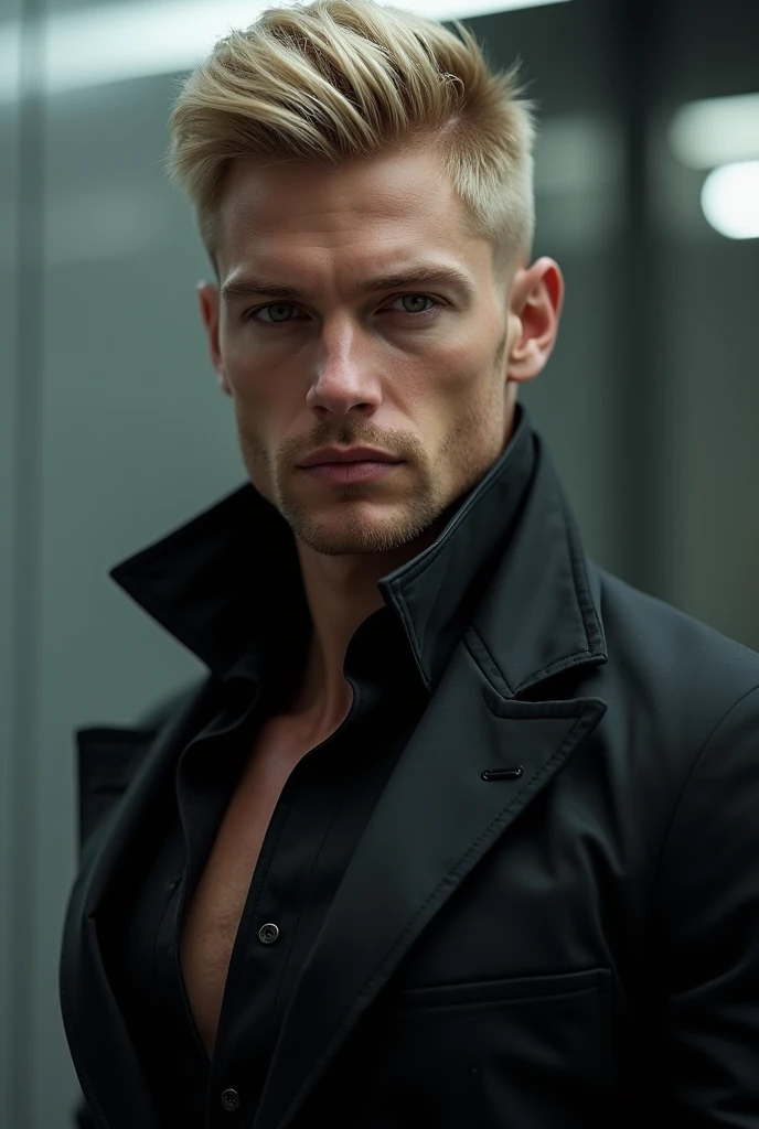 fot, masculine perfection, strong chin, fleshy lips, roman nose, short blonde hair, hazel eyes, hyperrealisti, 8k-v4 . Modern fashion haute couture futuristic fashion. Modern black clothing