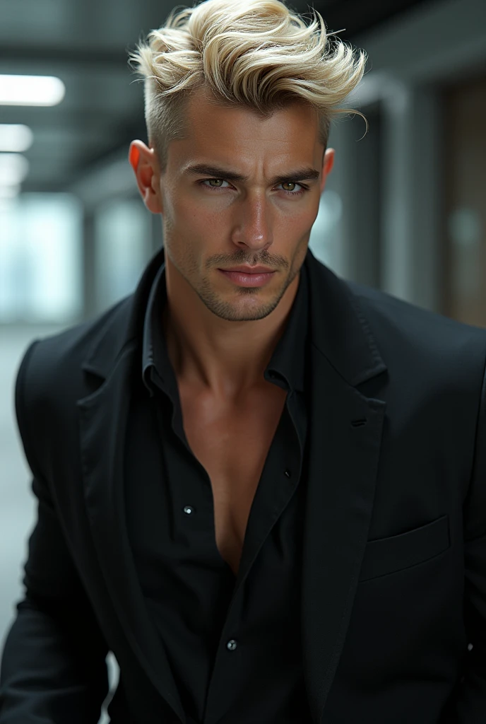fot, masculine perfection, strong chin, fleshy lips, roman nose, short blonde hair, hazel eyes, hyperrealisti, 8k-v4 . Modern fashion haute couture futuristic fashion. Modern black clothing