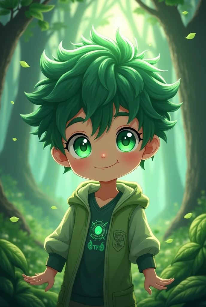 Make a boy which have green hair and green eyes and cute glowing face and it was a and 2d anime look which have power to control forest