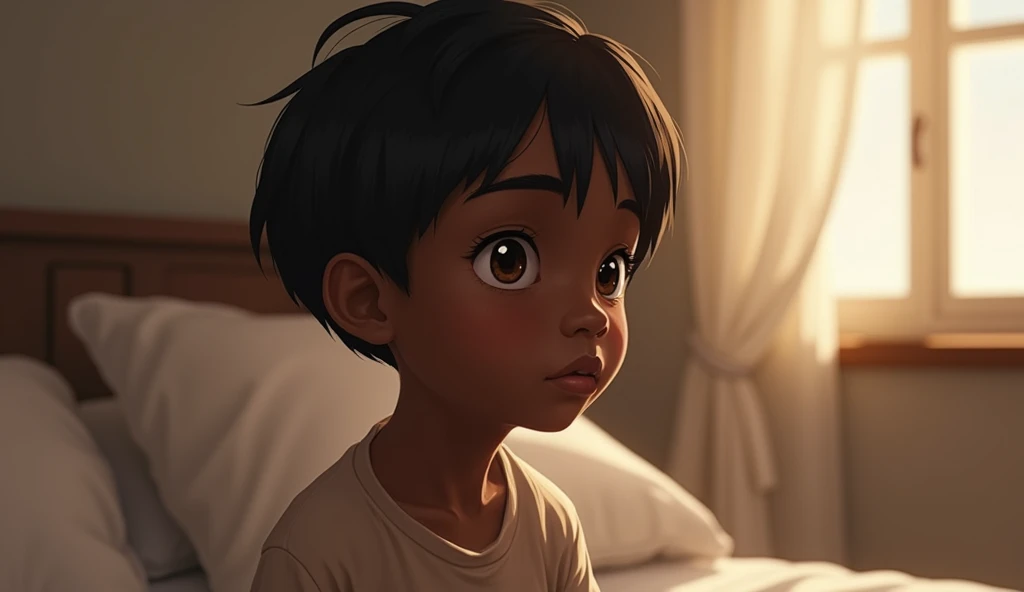 A black boy, with straight hair and light eyes. Scenario One Bedroom