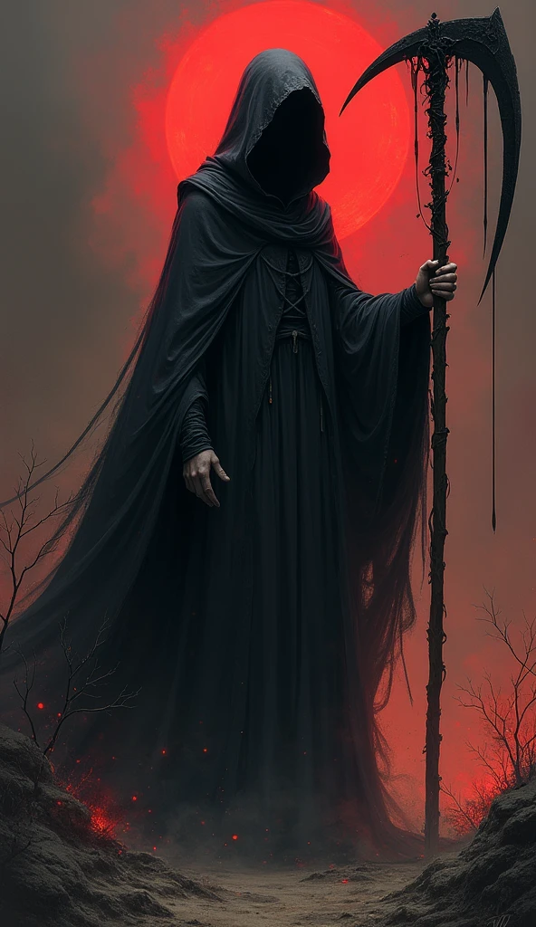 Full body shot, fantasy, Dark, horror, female verion of death with scythe, moody, Dark, muted colors, Red lights of hell, Simple brush line, oil painting, scarry